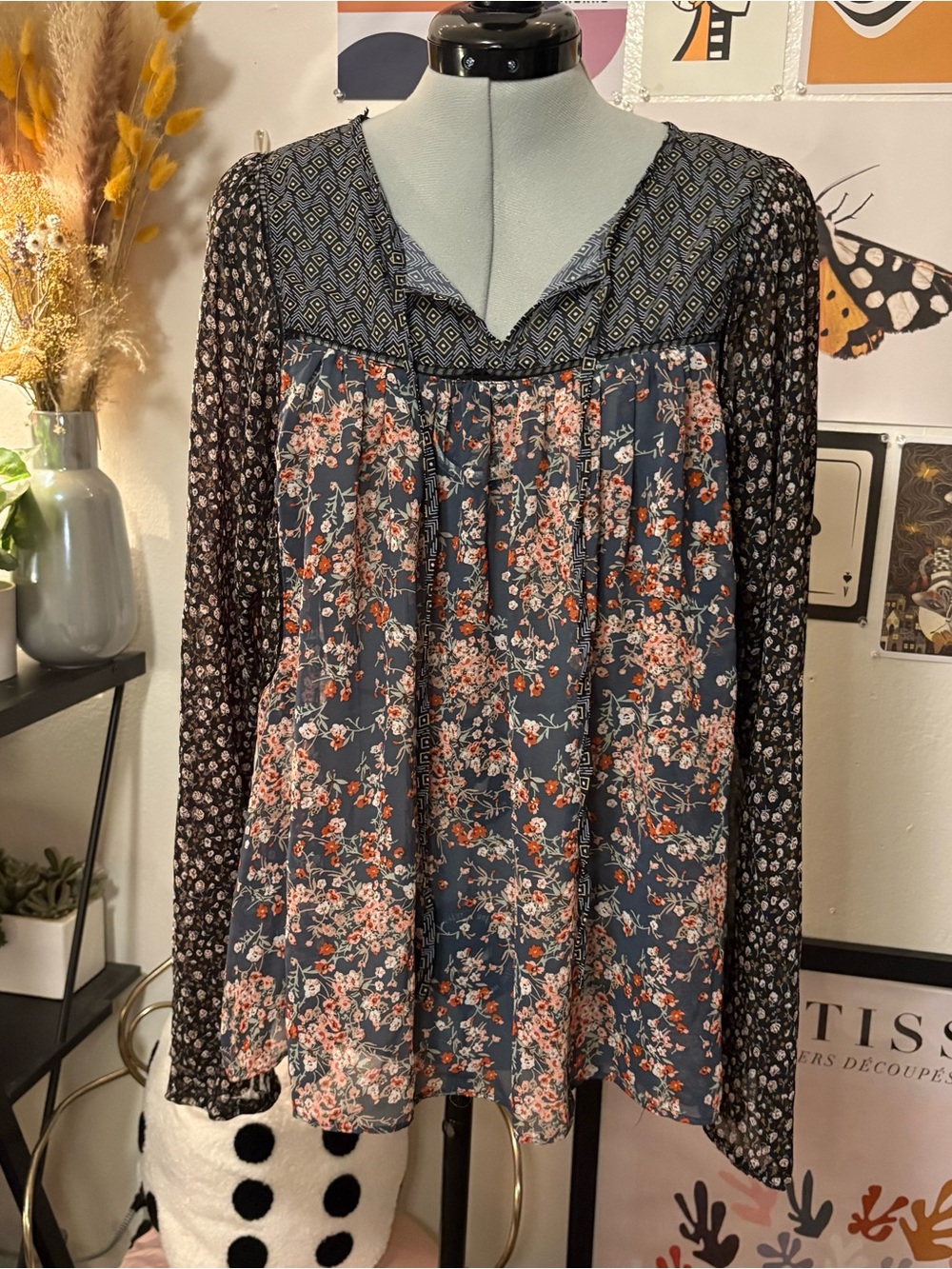 Boho Mixed-Print Floral Peasant Blouse - Navy/Coral